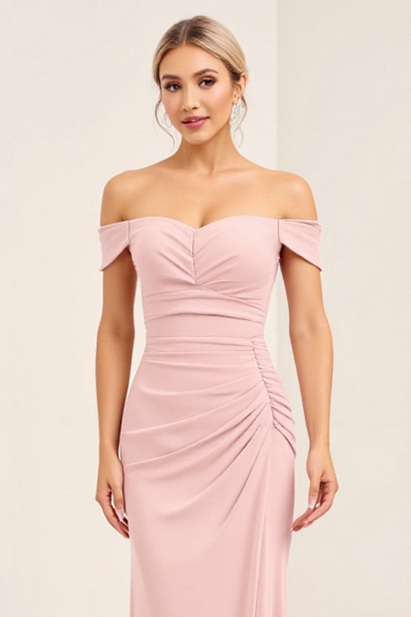 Load image into Gallery viewer, Blush Pink Off the Shoulder Sheath Long Bridesmaid Dress