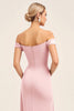 Load image into Gallery viewer, Blush Pink Off the Shoulder Sheath Long Bridesmaid Dress