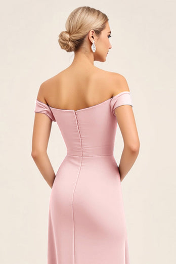 Blush Pink Off the Shoulder Sheath Long Bridesmaid Dress