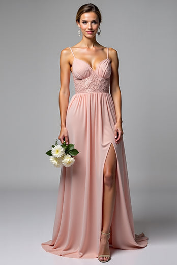 Dusty Rose A Line Chiffon V-Neck Backless Long Bridesmaid Dress