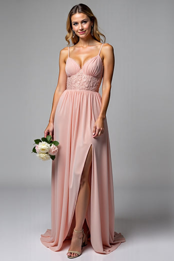 Dusty Rose A Line Chiffon V-Neck Backless Long Bridesmaid Dress