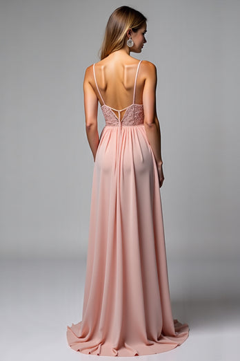 Dusty Rose A Line Chiffon V-Neck Backless Long Bridesmaid Dress