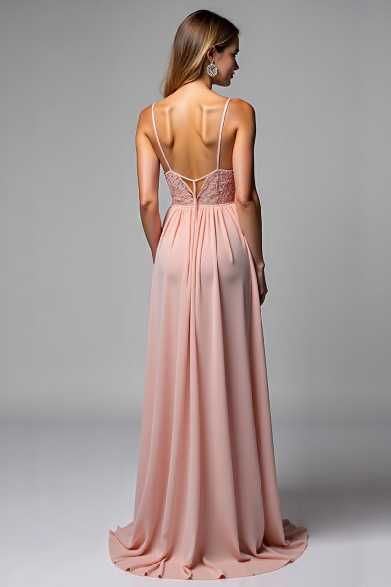 Load image into Gallery viewer, Dusty Rose A Line Chiffon V-Neck Backless Long Bridesmaid Dress