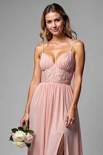 Dusty Rose A Line Chiffon V-Neck Backless Long Bridesmaid Dress