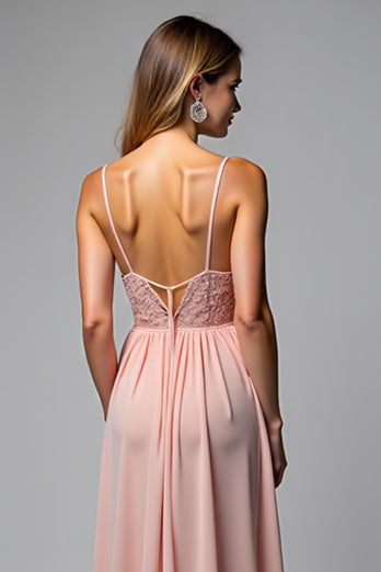 Dusty Rose A Line Chiffon V-Neck Backless Long Bridesmaid Dress