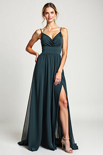 Peacock A Line Chiffon V-Neck Spaghetti Straps Long Bridesmaid Dress