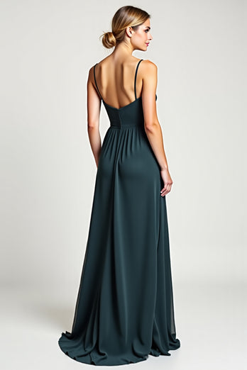 Peacock A Line Chiffon V-Neck Spaghetti Straps Long Bridesmaid Dress