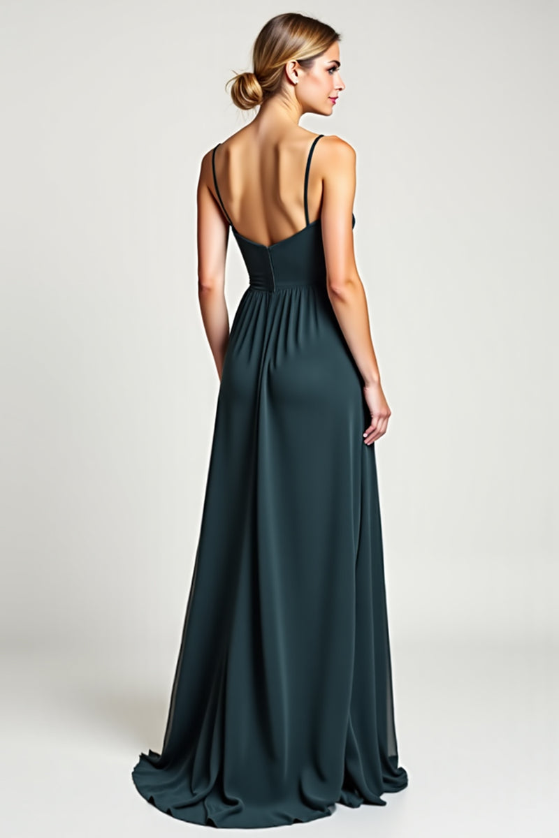 Load image into Gallery viewer, Peacock A Line Chiffon V-Neck Spaghetti Straps Long Bridesmaid Dress