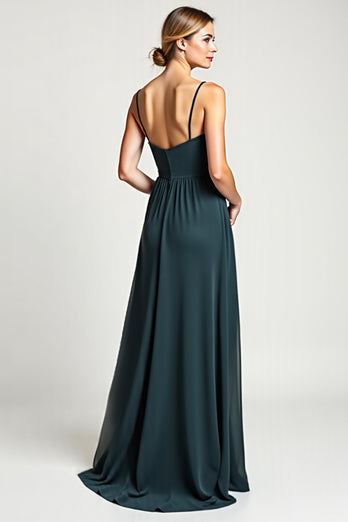 Peacock A Line Chiffon V-Neck Spaghetti Straps Long Bridesmaid Dress