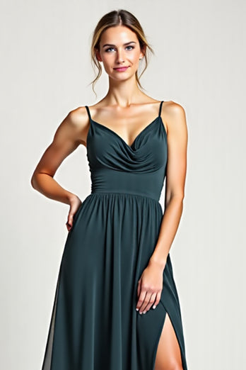 Peacock A Line Chiffon V-Neck Spaghetti Straps Long Bridesmaid Dress