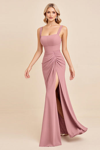 Blush Pink Sheath Satin Ruched Long Bridesmaid Dress with Slit