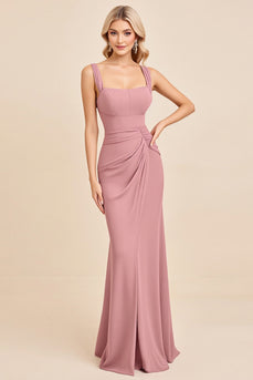 Blush Pink Sheath Satin Ruched Long Bridesmaid Dress with Slit