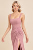 Load image into Gallery viewer, Blush Pink Sheath Satin Ruched Long Bridesmaid Dress with Slit