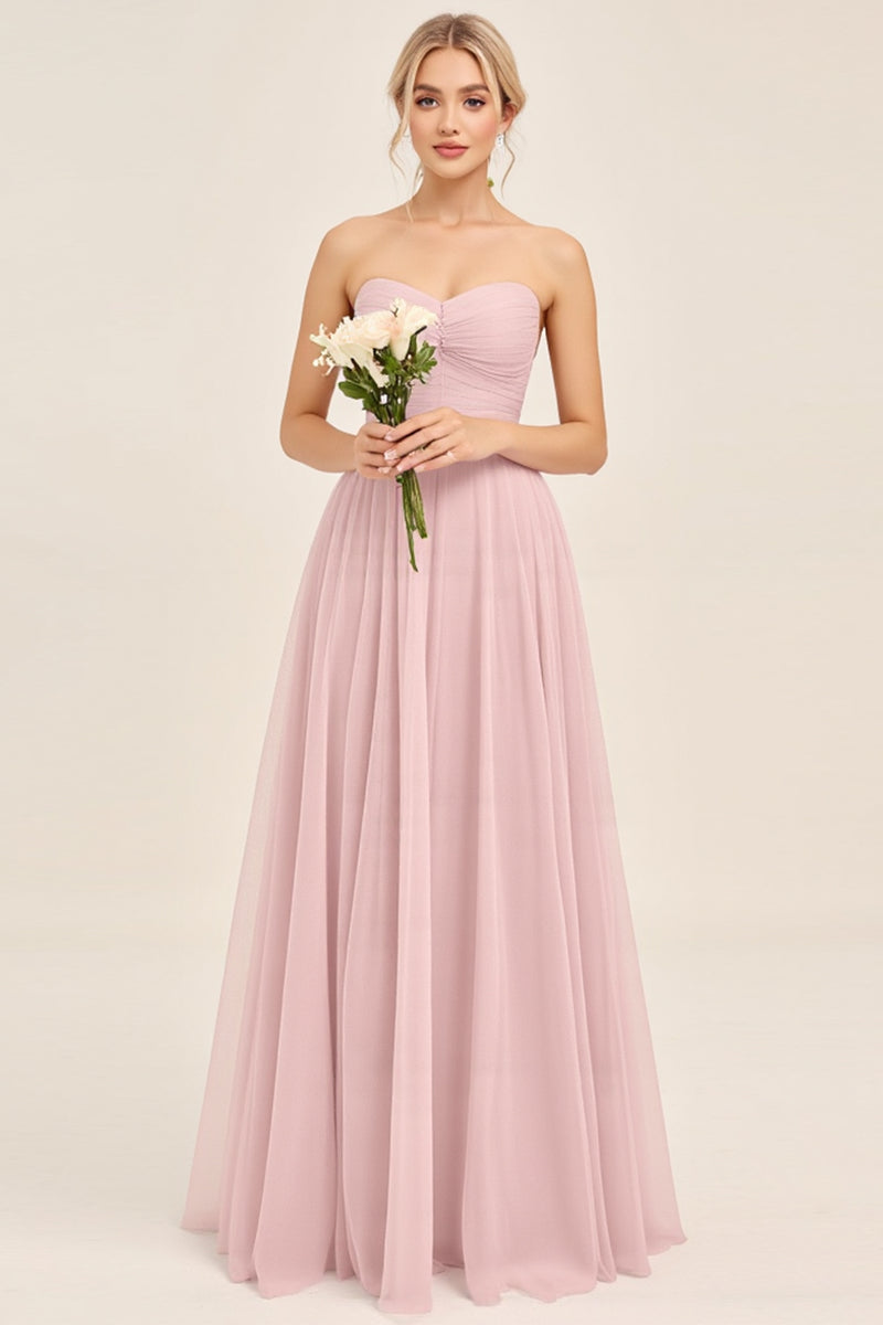 Load image into Gallery viewer, Candy Pink A Line Tulle Strapless Long Bridesmaid Dress