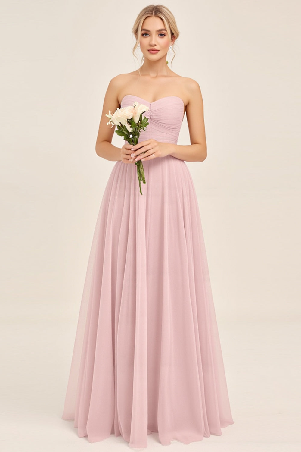 Candy Pink A Line Tulle Strapless Long Bridesmaid Dress