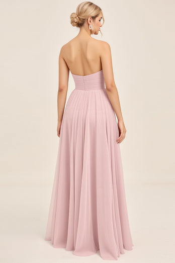 Candy Pink A Line Tulle Strapless Long Bridesmaid Dress