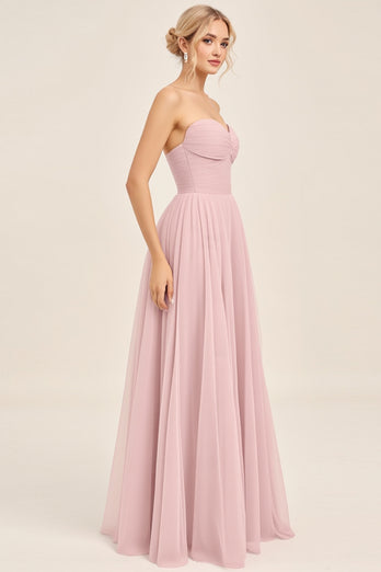 Candy Pink A Line Tulle Strapless Long Bridesmaid Dress