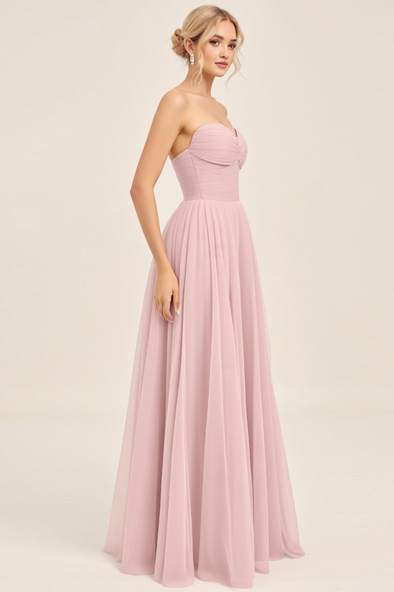 Load image into Gallery viewer, Candy Pink A Line Tulle Strapless Long Bridesmaid Dress