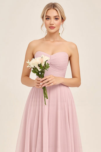 Candy Pink A Line Tulle Strapless Long Bridesmaid Dress