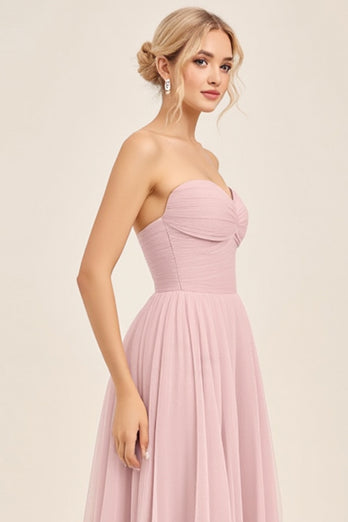 Candy Pink A Line Tulle Strapless Long Bridesmaid Dress