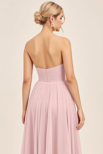 Candy Pink A Line Tulle Strapless Long Bridesmaid Dress