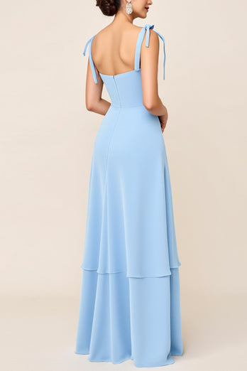 Sky Blue Sheath Satin Long Bridesmaid Dress with Slit