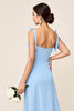 Load image into Gallery viewer, Sky Blue Sheath Satin Long Bridesmaid Dress with Slit