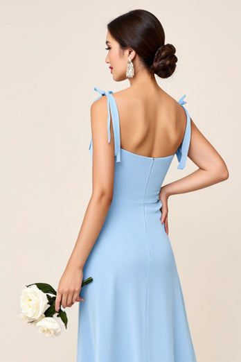 Sky Blue Sheath Satin Long Bridesmaid Dress with Slit