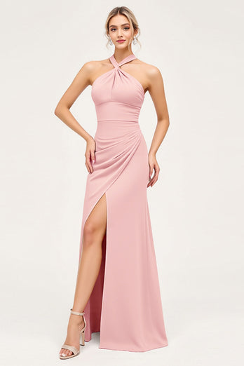 Candy Pink Halter Satin Backless Long Bridesmaid Dress with Slit