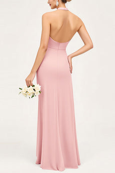 Candy Pink Halter Satin Backless Long Bridesmaid Dress with Slit