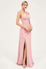 Load image into Gallery viewer, Candy Pink Halter Satin Backless Long Bridesmaid Dress with Slit