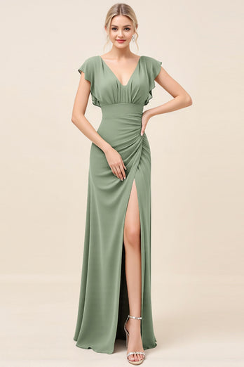 Eucalyptus Sheath Satin V-Neck Long Bridesmaid Dress with Slit