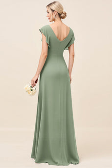 Eucalyptus Sheath Satin V-Neck Long Bridesmaid Dress with Slit