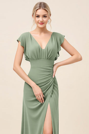 Eucalyptus Sheath Satin V-Neck Long Bridesmaid Dress with Slit