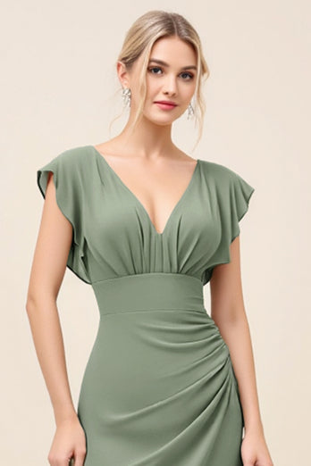 Eucalyptus Sheath Satin V-Neck Long Bridesmaid Dress with Slit