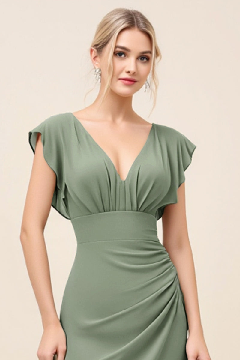 Load image into Gallery viewer, Eucalyptus Sheath Satin V-Neck Long Bridesmaid Dress with Slit