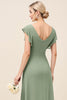 Load image into Gallery viewer, Eucalyptus Sheath Satin V-Neck Long Bridesmaid Dress with Slit