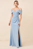 Load image into Gallery viewer, Sheath Dusty Blue Satin Ruched Long Bridesmaid Dress with Slit