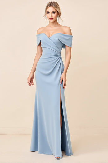 Sheath Dusty Blue Satin Ruched Long Bridesmaid Dress with Slit