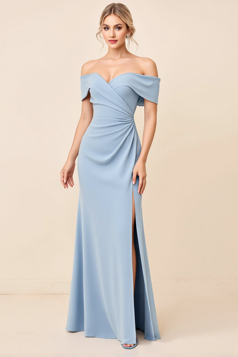 Load image into Gallery viewer, Sheath Dusty Blue Satin Ruched Long Bridesmaid Dress with Slit