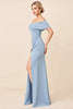 Load image into Gallery viewer, Sheath Dusty Blue Satin Ruched Long Bridesmaid Dress with Slit