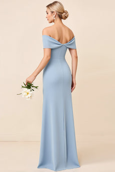 Sheath Dusty Blue Satin Ruched Long Bridesmaid Dress with Slit