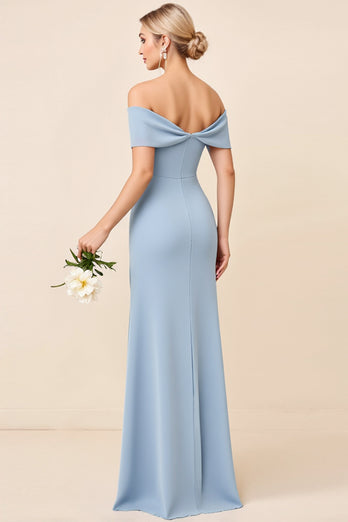 Sheath Dusty Blue Satin Ruched Long Bridesmaid Dress with Slit