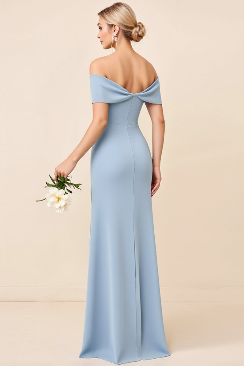 Load image into Gallery viewer, Sheath Dusty Blue Satin Ruched Long Bridesmaid Dress with Slit