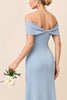 Load image into Gallery viewer, Sheath Dusty Blue Satin Ruched Long Bridesmaid Dress with Slit