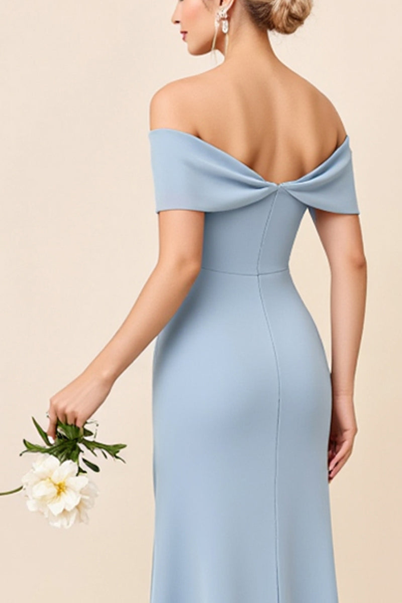 Load image into Gallery viewer, Sheath Dusty Blue Satin Ruched Long Bridesmaid Dress with Slit