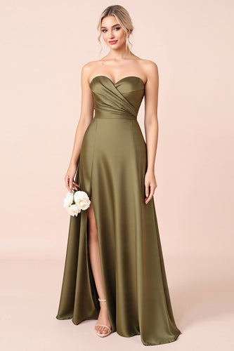 Olive A Line Satin Sweetheart Long Bridesmaid Dress with Slit