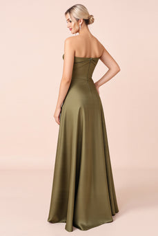 Olive A Line Satin Sweetheart Long Bridesmaid Dress with Slit