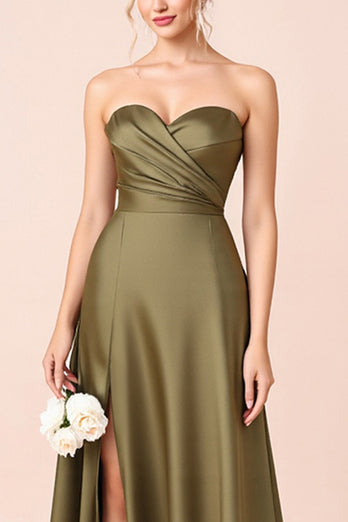 Olive A Line Satin Sweetheart Long Bridesmaid Dress with Slit