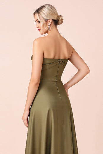 Olive A Line Satin Sweetheart Long Bridesmaid Dress with Slit